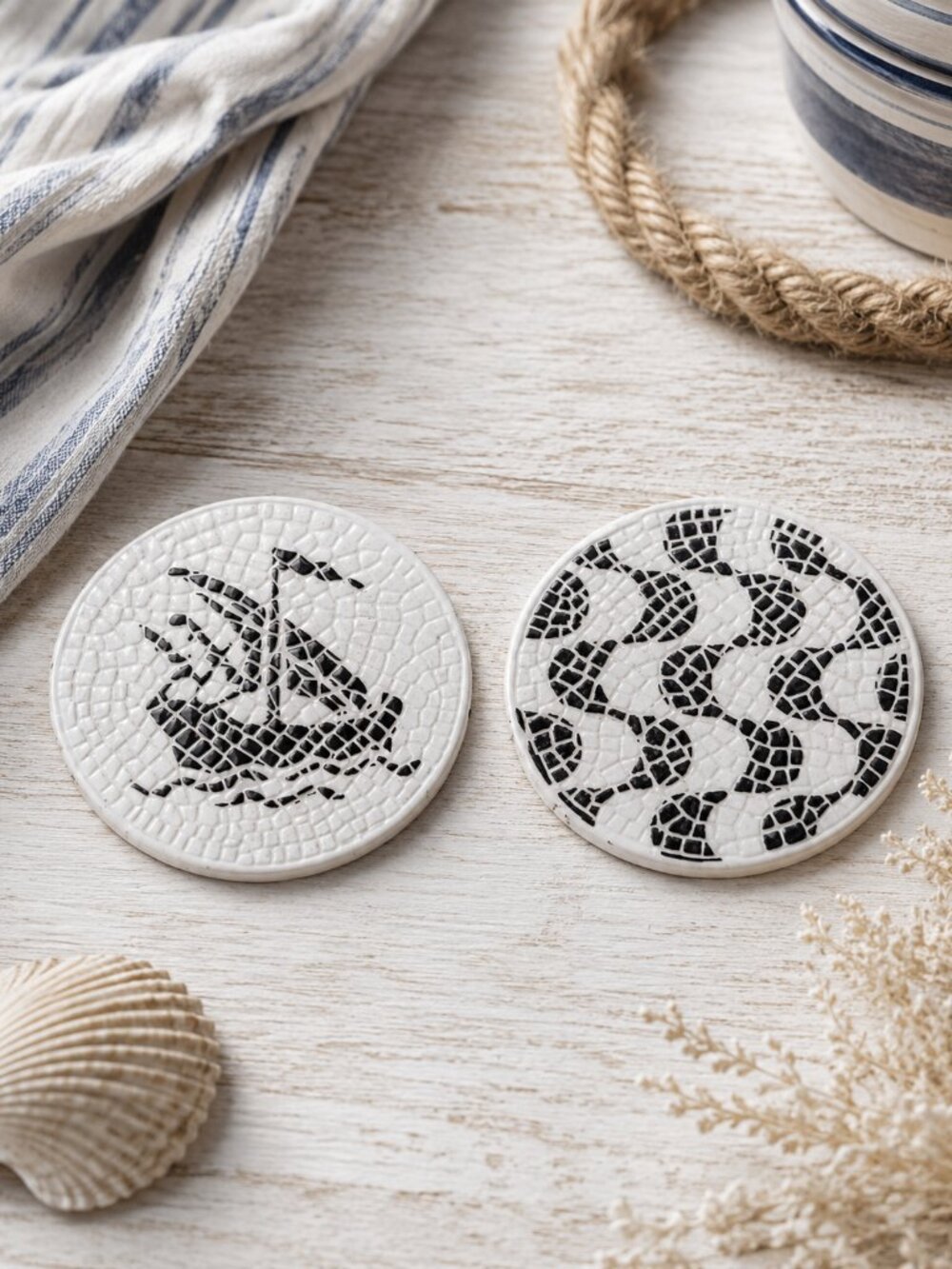 Set of 2 Duro Portugal Ceramic Mosaic Coasters Nautical Sailboat